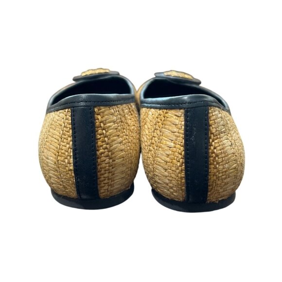 Tory Burch Reva Navy & Raffia Straw Woven Flats Logo Womens Size 7.5 - Picture 3 of 9